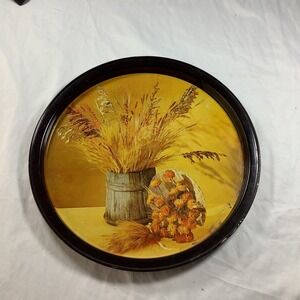 Round Serving Tray Fall Harvest Wheat Basket Flowers Farmhouse Decor
